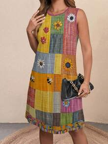 EMERY ROSE Plus Size Women's Printed Bee Patchwork Round Neck Sleeveless Tank Dress, Fashionable Summer Women's Clothing - Multicolor - View 5