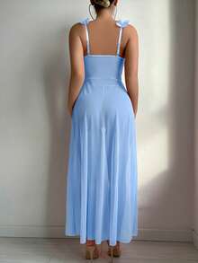 Elorette 2pcs Set: Floral Lace Contrast Mesh Maxi Nightgown + G-String Underwear, Wedding Design - Blue - View 10