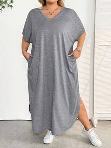 SHEIN CURVE+ 大码女式春夏时尚休闲通勤口袋设计侧开衩连衣裙 - 灰色 - 查看 7