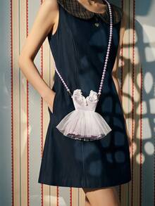 Joivida 1Pc/2Pcs Lace Skirt Ballet Phone Bag, Pearl Chain Hollow Mesh Bag, Cute Bow, High-End Shoulder Bag - multicolor - View 1