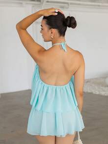 Andrea Bello 女款青藍色雪紡兩件套，掛脖露背上衣，不對稱下擺，夏季休閒沙灘度假度假村穿著，優雅 - 水鴨藍 - 查看 3
