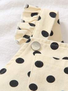 SHEIN Vintaside Kids 1件女嬰復古奶油白配黑色波點牛仔休閒可愛吊帶褲，荷葉邊肩帶，大口袋，寬鬆大腿褲管，適合外出、派對、返校 - 黑與白 - 查看 5