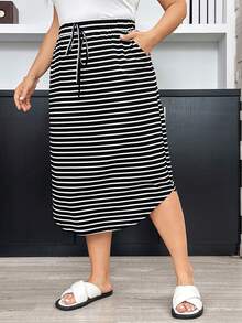 Shapeblank Plus Size Women's Spring And Summer New Fashion Casual Curved Hem Striped Straight Skirt - Black and White - View 7