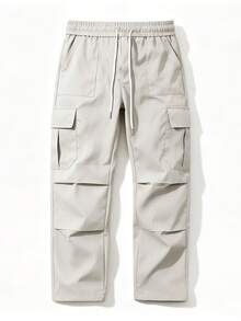 Manfinity Homme Men's Solid Color Drawstring Waist Cargo Pocket Pants, Fall - Light Grey - View 5