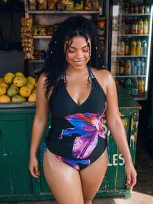 Swim Vcay Plus Size Women's Floral Print Halter Tankini Set - Multicolor - View 1
