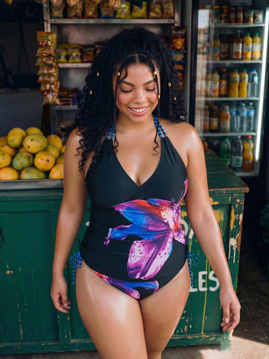 Swim Vcay Plus Size Women's Floral Print Halter Tankini Set - Multicolor - View 1