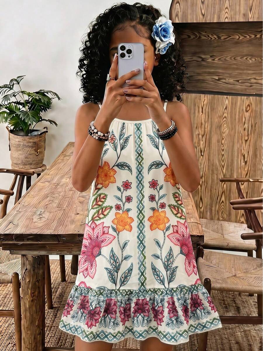 SHEIN Sparklyn Tween GirlsRainbow Striped Print Sleeveless Ruffle Hem Casual Vacation Dress - Multicolor - View 1