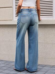 SHEIN New Women's Cross Waist Pocket Vintage Washed Blue Casual Versatile Wide Leg Denim Jeans, Suitable For Daily Wear, Campus Style, Y2K Millennium Style, Streetwear - Medium Wash - View 2