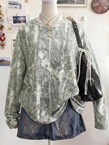 SHEIN EZwear Autumn New Camouflage Branch Print Pattern Round Neck Long Sleeve Loose Fit Suitable For Daily Commute Gathering Night Christmas New Year Sage Green - Multicolor - View 1