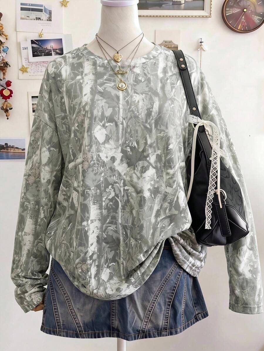 SHEIN EZwear Autumn New Camouflage Branch Print Pattern Round Neck Long Sleeve Loose Fit Suitable For Daily Commute Gathering Night Christmas New Year Sage Green - Multicolor - View 1