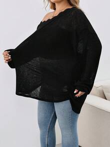 SHEIN CURVE+ Großes lässiges asymmetrisches Schulter-Spitzen-Strick-Top, vielseitiges T-Shirt für Herbst und Winter - Schwarz - Übersicht 7