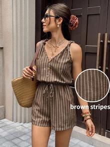 Serisse Women Texture Button Decor Elastic Waistband Summer Simple Casual Romper Beach Brown Striped - Coffee Brown - View 2