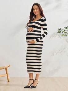 SHEIN Maternity Minimalist Soft Form Normal Versatile Colorblock White Long Sleeve Elegant Sweater Dress, Autumn Gender Reveal - Multicolor - View 7