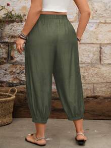 EMERY ROSE Casual Cuffed Pants With Drawstring Adjustable Waist And Side Patch Pockets, Plus Size Fall - Army Green - View 2