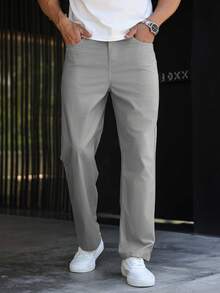 Manfinity Homme Men's Solid Color Patch Pocket Relaxed Fit Casual Pants, Fall - Light Grey - View 4