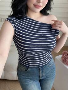 Vibekara Plus Size Summer Casual Navy Blue V-Neck T-Shirt Vacation Business - Multicolor - View 1