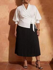 Veslaya Plus Size Women Solid Color Shawl Collar Side Tie Waist Jacket And Pleated Skirt Elegant Suit Set - Black and White - View 5