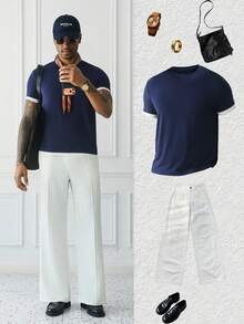 HUEFORM Atasan Lengan Pendek Pria Anti Kerut Warna Blok Minimalis Kasual untuk Perjalanan Sehari-hari - Navy Blue - View 5