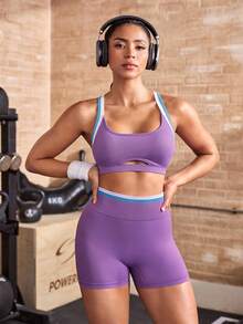 Powerista Women's Colorblock Trim Tank Top And Shorts Sports Set - Purple - View 5