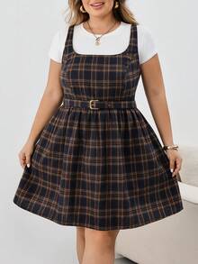 SHEIN CURVE+ Plus Size White Chocolate Brown Plaid Mini Dress, Square Neck, With Belt, Fall Winter 2026 22W - Multicolor - View 10