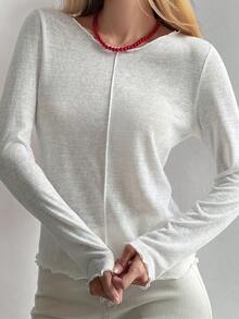 DAZY 女款素色修身長袖圓領休閒度假街頭風春夏秋冬打底T恤 - 白色 - 查看 6