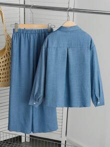 SHEIN 女童大童軟質藍色襯衫套裝，寬鬆休閒慵懶風，翻領，馬刺繡圖案，鬆緊腰寬腿直筒褲，2件套，適合日常休閒、通勤、優雅時尚、度假旅行 - 藍色 - 查看 2