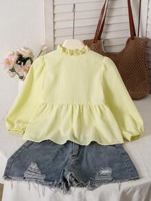 Young Girl Solid Color Single-Breasted Casual Daily Wear Shirt - Yellow - View 4
