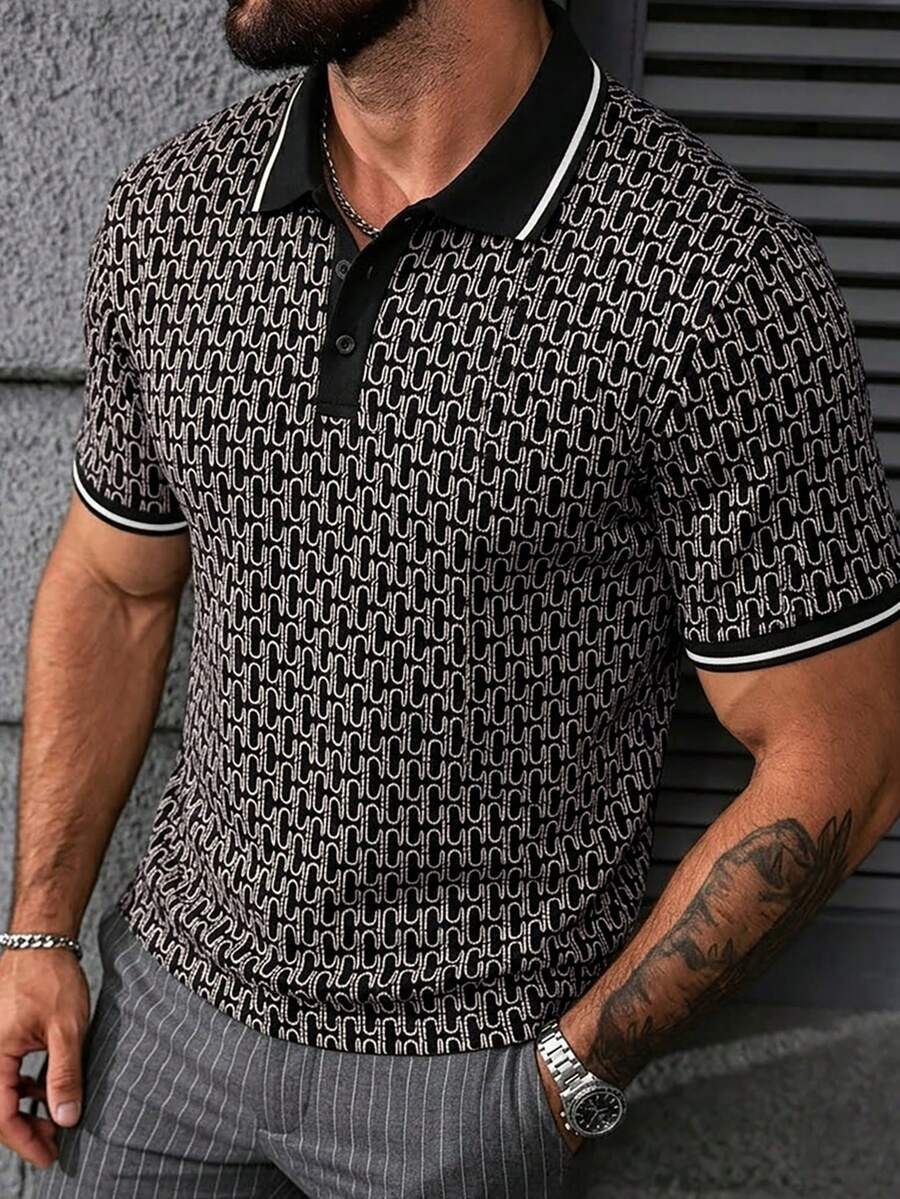 Manfinity CasualCool 男士短袖拼色圖案 Polo 衫,適合外出、聚會與辦公穿著 - 彩色 - 查看 1