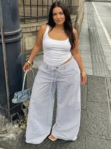 SHEIN PETITE CURVE 大尺碼女款休閒水手風度假日常通勤沙灘夏威夷配色條紋腰綁帶寬鬆寬腿長褲 黑白秋季 - 彩色 - 查看 5