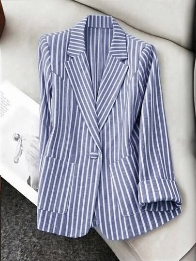 GlowEve CURVE Plus Size Women's Woven Regular Fit Casual Professional Commute Minimalist Blue & White Striped Long Sleeve Fitted Blazer