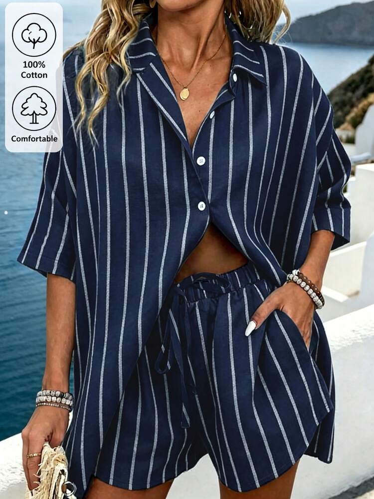 Hotletica Women's Striped Single-Breasted Long Sleeve Top And Shorts Casual Daily 2 Pieces Set - Navy Blue - View 5