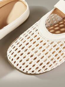 Solecia Zapatillas tipo mule de verano, transpirables, de tejido calado, punta redonda, suela plana, estilo retro casual, para ir al trabajo, compras y uso diario - Beis - Ver 4