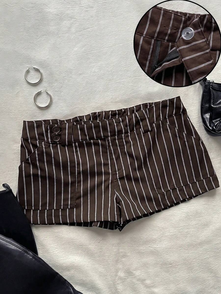 Attitoon Women's Striped Casual Versatile Daily Wear Shorts - Coffee Brown - View 1