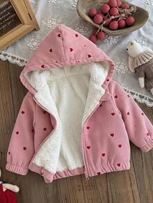 SHEIN 女嬰秋冬可愛粉色愛心圖案燈芯絨連帽保暖內裡外套 - 淺粉色 - 查看 5