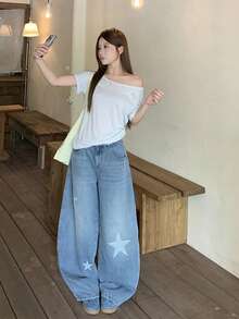 DAZY Women's Casual Street Washed Star Curved Leg Jeans Summer Everyday Going Out Light Blue - Blue - View 3