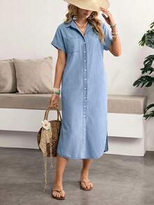 Sunnyshic Plus Size Casual Front Button Denim Dress - Blue - View 7