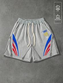 ROMWE MEN Essentials Men's Letter Print Washed Texture Street Shorts - Grey - View 5