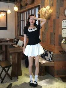 DAZY Women's Colorblock Casual Bow Short Sleeve T-Shirt - Black - View 6