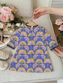 Vestido árabe tradicional elegante y digno con estampado floral dorado, morado taro suave y lila, adecuado para niñas pequeñas en primavera/verano, para uso diario, festivales, salidas, vestido árabe maxi de manga larga elegante y digno, abaya de oración, cómodo y casual, para vacaciones, modesto kaftan - Multicolor - Ver 2