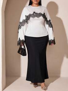 Veilorie Plus Size Women Lace Patchwork Casual Versatile Daily Wear Blouse Fall - White - View 6