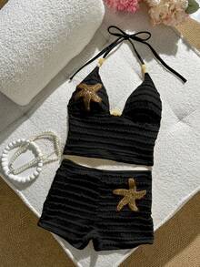 Bonvoyette 2026 Neues Damen Sommer Strandparty Urlaub Zweiteiler Bikini Set, spezieller gestreifter strukturierter Stoff, Spaghettiträger, Perlen Hohldesign Dreieck Top - Schwarz - Übersicht 3