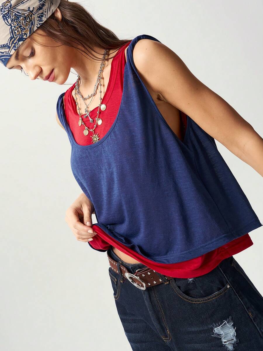 Bohemela Casual Knit Colorblock 2 In 1 Women's Tank Top Everyday Navy Blue Red Summer - Multicolor - View 1