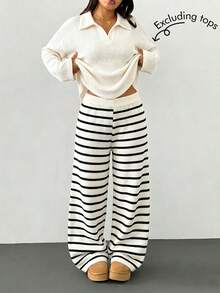 SHEIN Tween Girls Sweaters Pants Autumn/Winter Knit Pants Comfortable For Autumn/Winter Season Black/Apricot/Contrast Color Long Flare Pants Fashionable Minimalist Versatile Chic Suitable For Daily Wear/School/Travel - Black and White - View 1
