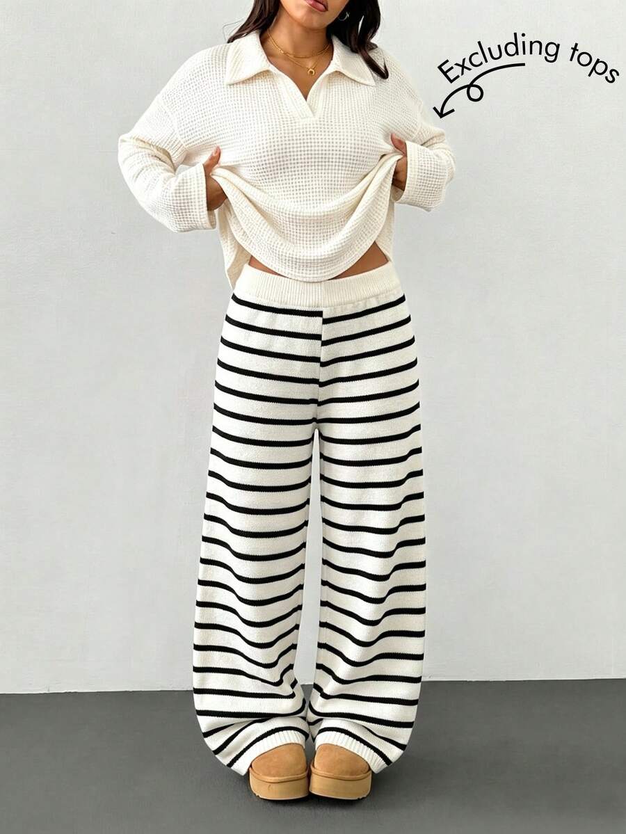 SHEIN Tween Girls Sweaters Pants Autumn/Winter Knit Pants Comfortable For Autumn/Winter Season Black/Apricot/Contrast Color Long Flare Pants Fashionable Minimalist Versatile Chic Suitable For Daily Wear/School/Travel - Black and White - View 1