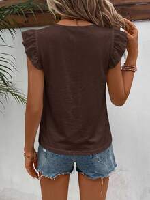 SHEIN Frenchy 女款 100% 純棉鏤空刺繡荷葉邊圓領蕾絲 T-shirt，夏季白色休閒西式風格 - 棕色 - 查看 8