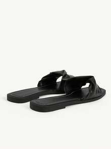 CUCCOO CHICEST Square Toe Kinked Slippers Women's Summer Wear Black Flat Bottom Drag Soft Leather Slouchy Beach Shoes - Black - View 5