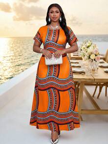 Fleurora Plus Size Geometric Print Fashion Vacation Dress - Orange - View 3