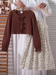 LMoss Kids Conjunto de 2 piezas para niña: Camiseta casual de cuello redondo ajustada de color liso de punto + Vestido camisola de tejido con estampado floral pequeño - Multicolor - Ver 6