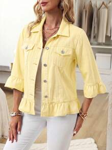 EMERY ROSE Chaqueta vaquera casual de uso diario de un solo pecho de color liso para mujer de talla grande - Amarillo - Ver 6