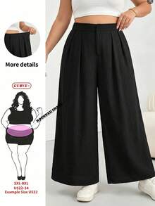 SHEIN CURVE+ Curves 大尺碼女款辦公穿搭，黑色高腰直筒休閒長褲，簡約時尚，適合日常穿著 - 黑色 - 查看 1